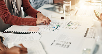 Buy stock photo Hands, documents and business people in office, teamwork and meeting with risk management. Employees, accounting or group in workplace, budget report or review for profit growth, analysis or proposal