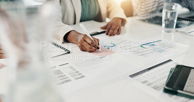 Buy stock photo Hands, documents or business people in office, writing or meeting with budget report. Employees, accounting or consultant in workplace, negotiation or collaboration with data analysis or conversation