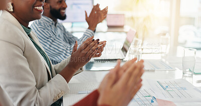 Buy stock photo Hands, success and business people with applause to celebrate investment, target or award. Clapping, happy team and cheering for reward, excellence or good job for financial profit in office meeting
