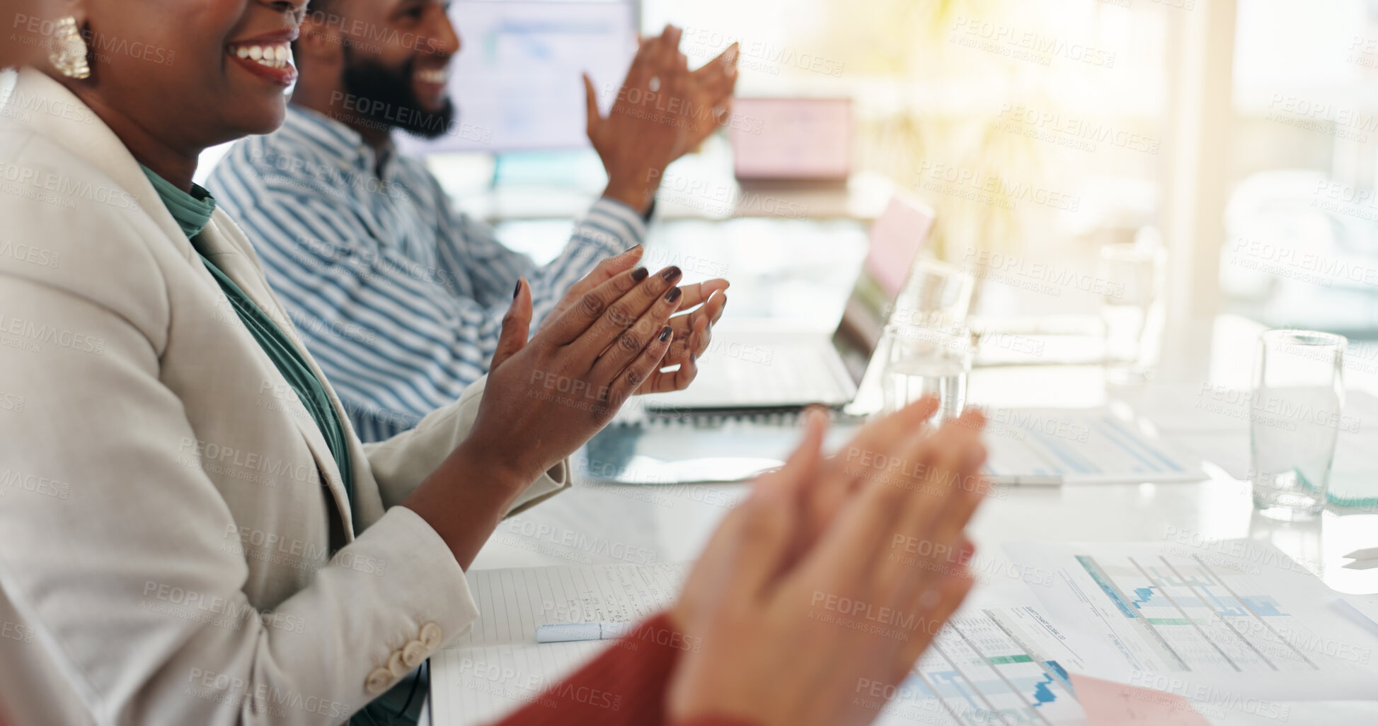 Buy stock photo Hands, success and business people with applause to celebrate investment, target or award. Clapping, happy team and cheering for reward, excellence or good job for financial profit in office meeting