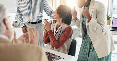 Buy stock photo Business, people and cheering in office for feedback, good news and successful campaign. Excited, marketing team and applause in agency for colleague support, group achievement and positive review