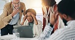 Laptop, mistake and stress with business people in office together for crisis or problem solving. Bankruptcy, computer and debt with employee team in workplace for reaction to deal failure or loss