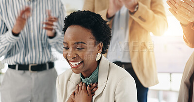 Buy stock photo Clapping, success and business woman with promotion, congratulations or praise for goal achievement. Applause, happy team and celebration for reward, career recognition or well done for win in office