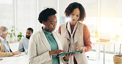 Buy stock photo Team, tablet and business women planning project, help and feedback for insurance solution in office. Meeting, technology and manager with conversation for proposal, review or risk management policy