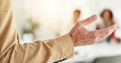 Buy stock photo Meeting, hand and presentation in boardroom with business person, talking and briefing team. Discussion, office and leader or manager for company goals with colleagues, planning or mentor seminar