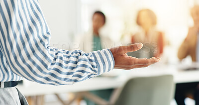 Buy stock photo Meeting, hand and presentation in office with business person, talking and briefing team. Discussion, boardroom and leader or manager for company goals with colleagues, planning or mentor seminar