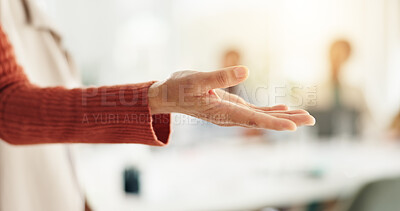 Buy stock photo Meeting, hand and presentation with business person, talking and briefing team in office. Discussion, boardroom and leader or manager for company goals with colleagues, planning or mentor seminar