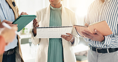 Buy stock photo Hands, business and people in meeting with document for planning, feedback and headline ideas. Staff, brainstorming and team of article schedule, explain project and information for story publication