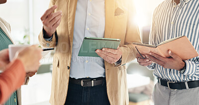 Buy stock photo Hands, business and people in meeting with tablet for planning, feedback and headline ideas. Staff, brainstorming and team with article schedule, explain project and information for story publication