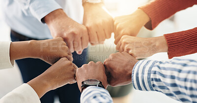 Buy stock photo Fist bump, hands together and team of business people with mission, support and solidarity for partnership. Collaboration, group and employees in office with community, synergy and huddle for goals