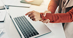 Laptop, wrist pain and hands of business woman with injury, accident and carpal tunnel syndrome in office. Employee, computer and person with medical emergency, sprain and tension from typing