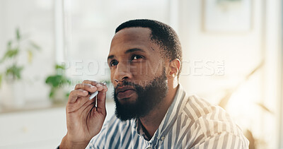 Buy stock photo Brainstorming, ideas and black man in office for planning creative project for publishing at magazine. Thinking, solution and African male copywriter with problem solving for article at media agency.