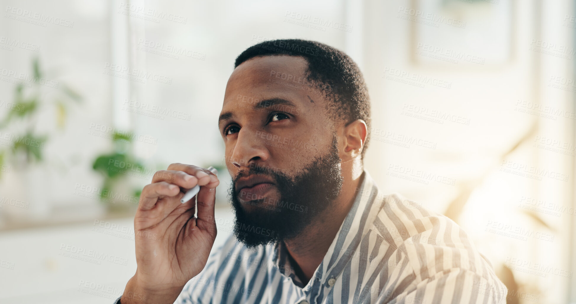 Buy stock photo Brainstorming, ideas and black man in office for planning creative project for publishing at magazine. Thinking, solution and African male copywriter with problem solving for article at media agency.