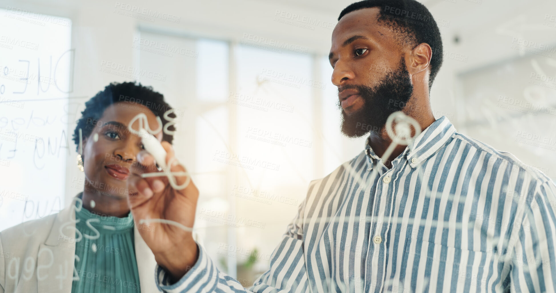 Buy stock photo Analysis, writing on glass or black people in meeting for strategy, planning or brainstorming. Leader, team or business analyst in company with ideas, growth projection or performance for development