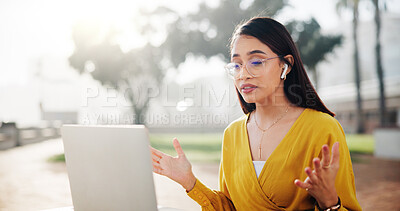 Buy stock photo Explain, laptop and streaming with travel influencer at holiday destination for location review. Computer, content creation and video recording with woman outdoor for feedback, tourism or vacation