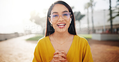 Buy stock photo Portrait, woman and talk with influencer outdoor for travel vlog, live streaming and interaction. Smile, female person and explain for social media audience, tourist content creator and holiday trip