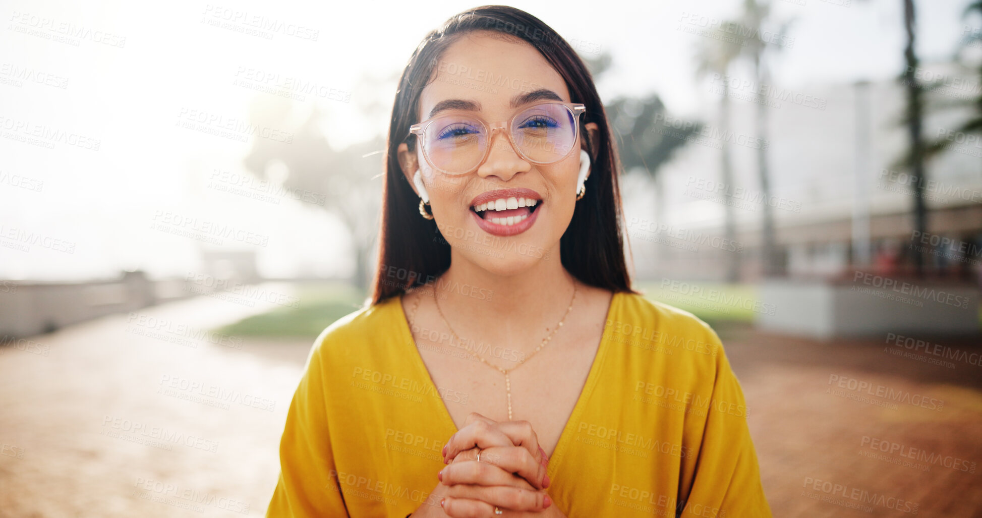 Buy stock photo Portrait, woman and talk with influencer outdoor for travel vlog, live streaming and interaction. Smile, female person and explain for social media audience, tourist content creator and holiday trip