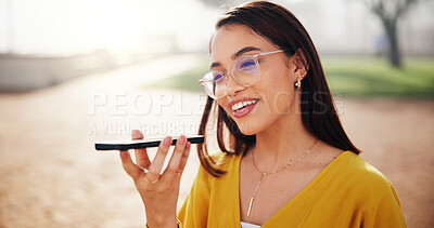 Buy stock photo Business woman, voice note and outdoor for mobile, networking and speaking with contact. Technology, cellphone and female consultant with chat for vacation, talking and conversation for communication