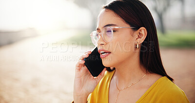 Buy stock photo Phone call, confused and woman outdoor with networking, contact or connectivity on holiday. Tech, vacation and female person with stress on mobile conversation in nature with cellphone by space.