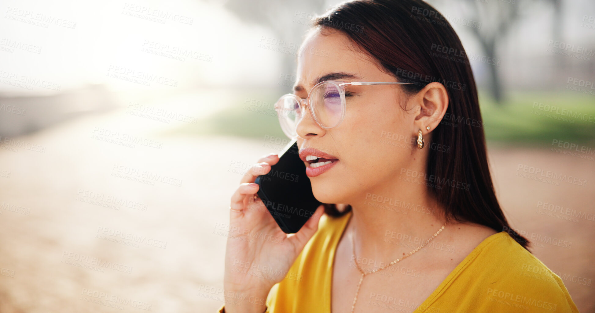 Buy stock photo Phone call, confused and woman outdoor with networking, contact or connectivity on holiday. Tech, vacation and female person with stress on mobile conversation in nature with cellphone by space.