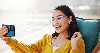 Buy stock photo Business woman, video call and outdoor for smile, networking and speaking with contact. Technology, cellphone and female consultant with hello for vacation, talking and conversation with hand gesture