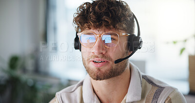 Buy stock photo Call center, agent and man with headset, talk and communication with contact, telemarketing or chat. Online, representative and person with tech for lead generation, service or consultation for sales