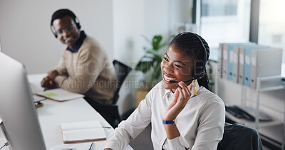 Buy stock photo Call center, happy and black woman in office with consultation, crm or enquiry conversation. Headset, laugh and African female customer service agent with online support for contact us in workplace.