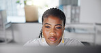 Business, online reading and black woman in office, computer and email with copywriting. African person, writer and journalist in workplace, pc and internet with news report, website info and review