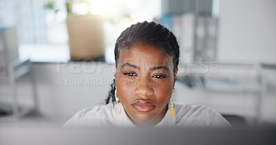 Buy stock photo Business, online reading and black woman in office, computer and email with copywriting. African person, writer and journalist in workplace, PC and internet with news report, website info and review