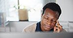 Black man, headache and stress with computer, office or tired with deadline for article at company. African person, journalist or writer with fatigue, burnout or exhausted with story at media agency