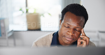 Buy stock photo Black man, headache and stress with computer, office or tired with deadline for article at company. African person, journalist or writer with fatigue, burnout or exhausted with story at media agency
