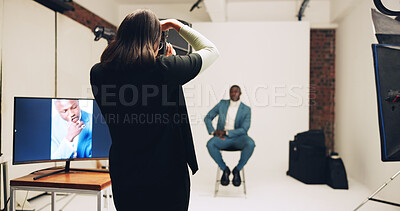 Buy stock photo Model, photography and shooting with man in studio business fashion, about us and profile picture. Professional branding, career photoshoot and behind the scenes with people on set for production