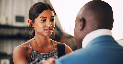 Buy stock photo Getting ready, production and stylist in studio with model for photography session or shoot. Behind the scenes, preparation or styling with man and woman on set together for filming or videography