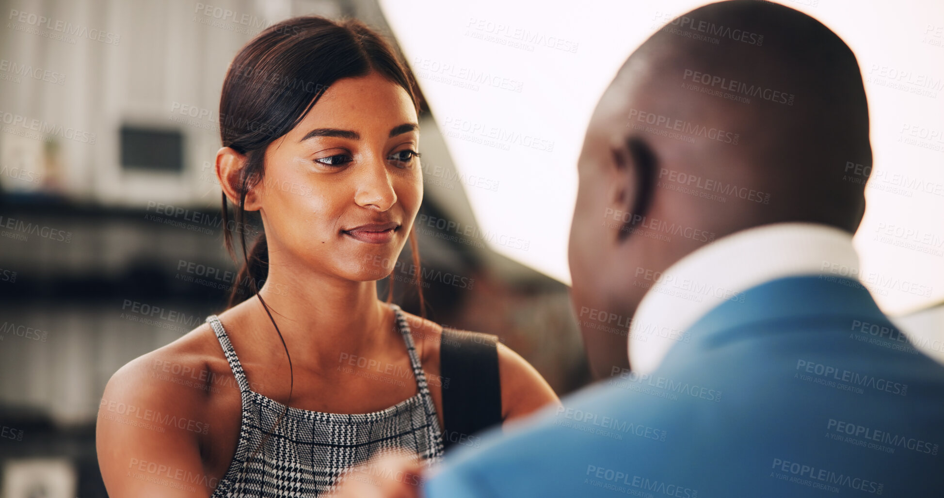 Buy stock photo Getting ready, production and stylist in studio with model for photography session or shoot. Behind the scenes, preparation or styling with man and woman on set together for filming or videography