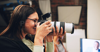 Buy stock photo Camera, photographer and woman in studio for photoshoot, fashion and media production process. Creative, photography and happy person behind the scenes with lens for filming, picture and videography