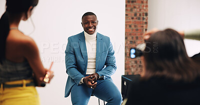 Buy stock photo Smile, photography and shooting with man in studio for business fashion, about us and profile picture. Professional branding, career photoshoot and behind the scenes with people on set for production