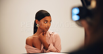 Buy stock photo Photography, shoot and woman in studio with camera for behind the scenes, filming and production. Creative, media and photographer with person for beauty campaign, fashion and magazine catalogue