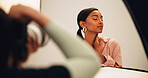 Photography, model and woman on set with camera for behind the scenes, photo shoot and production. Creative, media and photographer with person for beauty campaign, fashion and magazine catalogue