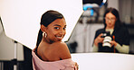 Photography, backstage and model with portrait in studio for fashion catalog, lookbook or filming. Behind the scenes, woman or happy on set for glamour photoshoot, brand campaign or marketing project