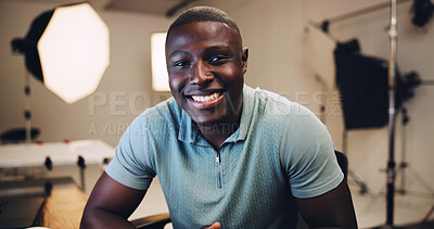 Buy stock photo Photographer, shooting and portrait of black man in studio for production process, magazine and editor. Photoshoot, behind the scenes and catalog with person on set for photography and media