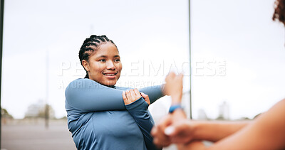 Buy stock photo Fitness, women and friends stretching in city for workout, exercise and cardio health. Sports, happy runners and warm up together to start training, practice preparation or getting ready with space