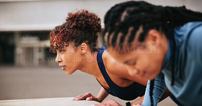 Buy stock photo Fitness, warm up and women in city with workout or training for wellness, health or activity. Sports, push up and female athletes stretching body for exercise together in urban town for weightloss.