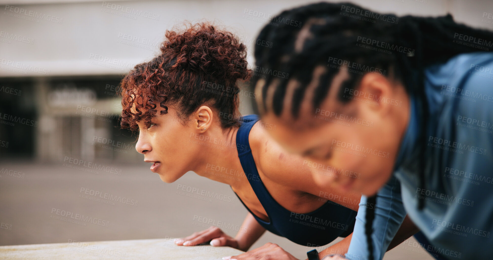 Buy stock photo Fitness, warm up and women in city with workout or training for wellness, health or activity. Sports, push up and female athletes stretching body for exercise together in urban town for weightloss.