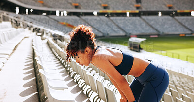 Buy stock photo Breathing, exercise and tired with woman outdoor in stadium for break, recovery or rest from training. Fatigue, fitness and sweating with exhausted athlete at venue for competition, sports or workout