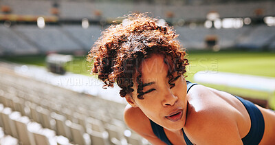 Buy stock photo Breathing, fitness and tired with woman outdoor in stadium for break, recovery or rest from training. Exercise, fatigue and sweating with exhausted athlete at venue for competition, sports or workout