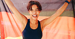 Flag, sports and portrait of woman for winning international competition, marathon and race in Germany. Athlete, runner and happy person for success, celebrate and excited for country champion