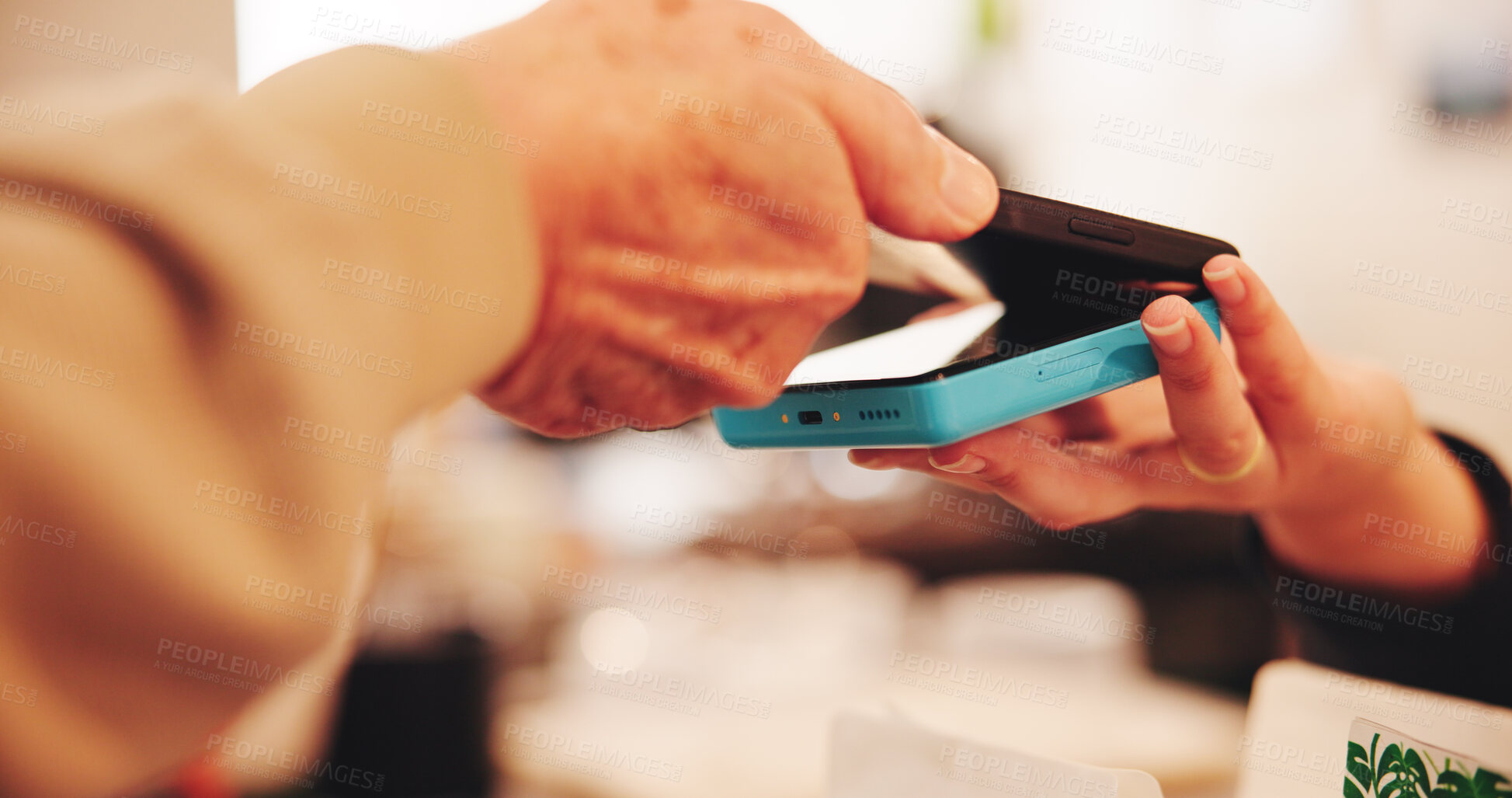 Buy stock photo Hands, phone and pos at cafe for payment with fintech, tips or bills for catering services at diner. Old person, customer experience and cashier with machine, app or tap for discount at restaurant
