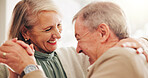 Love, dance and laughing with old couple in home for romance, bonding and anniversary. Holding hands, funny  and trust with elderly man and woman for connection, retirement and solidarity together