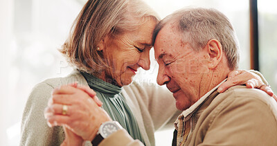 Buy stock photo Love, dance and support with old couple in home for romance, bonding and anniversary. Holding hands, smile and trust with elderly man and woman for connection, retirement and solidarity together