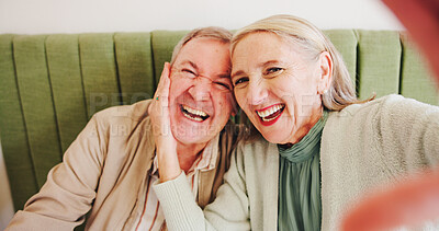 Buy stock photo Elderly couple, excited or selfie in cafe with portrait, anniversary date or taking picture for milestone. Senior man, love or wife in coffee shop for photography POV, happy or social media memory